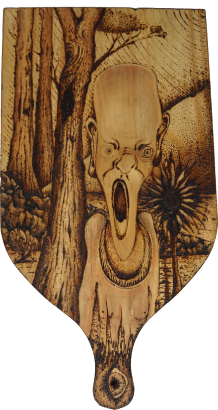Série: Tábua de Carne – Antropofagias Amazônidas | 2024 | Instalação Pirogravura sobre Madeira
3) "GRITO AMAZÔNICO" | 44 x 23 cm