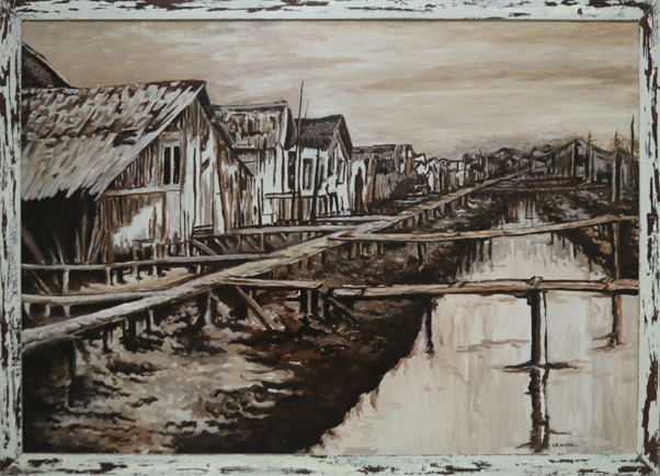 Canal da Mendonça Junior, 1950 | 2011 | Acrílica sobre tela | 90 cm x 60 cm 

A pintura retrata um período histórico em que a cidade de Macapá estava passando por desenvolvimento econômico e social, impulsionado principalmente pela exploração de recursos naturais, como a borracha e a pesca. O canal da Mendonça Júnior desempenhava um papel crucial no transporte de mercadorias e pessoas, facilitando o comércio e o movimento de bens entre as comunidades ribeirinhas e a cidade.