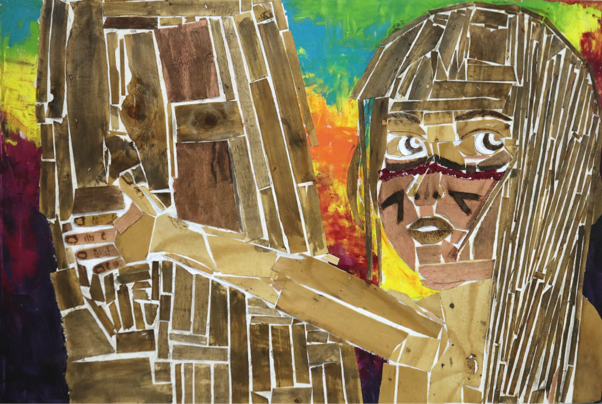 Curumin | 2026 | técnica mista -  Acrílica e madeira sobre tela | 120 cm x 80 cm 

Baseada no afeto e na cosmovisão dos povos originários da Amazônia, a obra retrata uma criança indígena em um abraço de despedida daquilo que pode sumir nos próximos anos: a floresta, a humanidade e todas as formas de vida. O gesto do abraço revela cuidado e dor. A criança não se despede apenas de uma árvore, mas de um mundo inteiro ameaçado pela destruição ambiental. A obra denuncia, com delicadeza e força, a urgência de proteger a vida e os territórios que sustentam a existência.