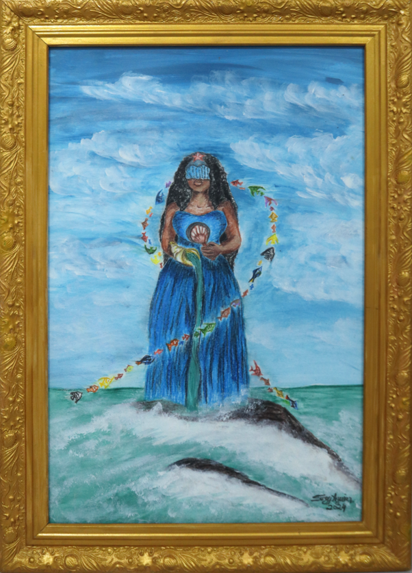 Iemanjá e seus encantos | 2024 | Acrílica e lápis de cor | 53 cm x 38 cm

A obra se inspira na religiosidade afro-brasileira, a orixá Iemanjá é retratada sobre ondas, encantando os peixes à sua volta. É mostrado seu simbolismo como força da natureza, representando a força das águas, sua biodiversidade aquática e misticismo.