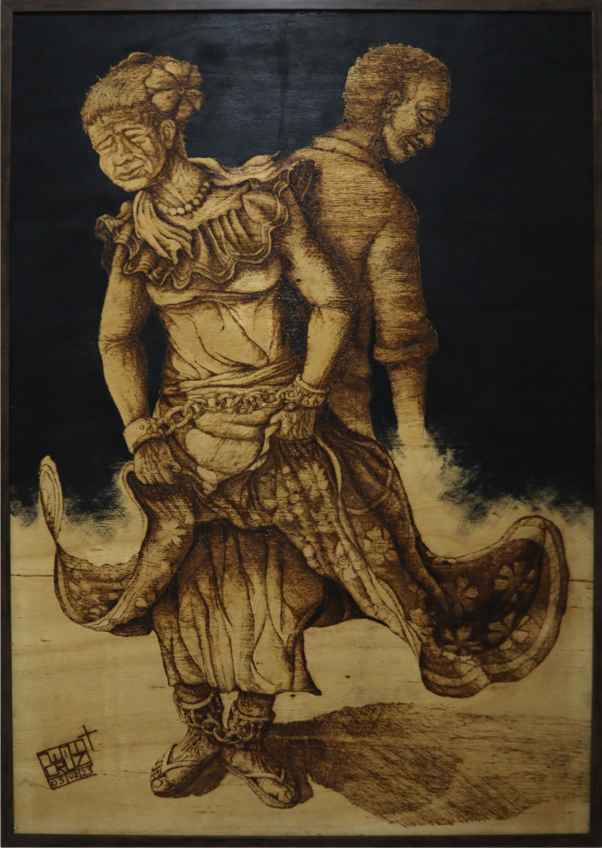 Marabaixeira | 2024 | Pirogravura | 160 cm x 80 cm

A obra ressalta o Marabaixo, expressão amapaense reconhecida como patrimônio cultural do Brasil em 2018. Uma marabaixeira é representada em movimento, dançando enquanto com as mãos acorrentadas a segurar sua saia. Ao fundo, a presença de um preto velho evoca a ancestralidade e reforça as dimensões históricas, culturais e de resistência que constituem o movimento.