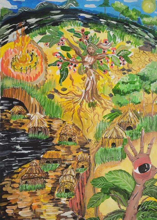 Mawé | 2024 | Acrílica e PVA sobre tela | 60 cm x 40 cm

A obra retrata a famosa lenda do Guaraná do povo indígena Sateré-Mawé. A pintura condensa toda a narrativa em uma única tela: a vida e morte trágica do curumim, os ritos, a dor e a transformação que gera a planta sagrada. É uma composição sobre superação, força e renascimento.