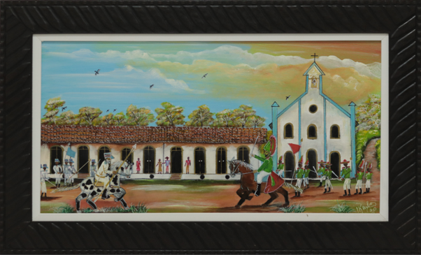 Mazagão, Batalha de São Tiago | 2025 | tinta acrílica em tecido lona | 73 x 43 cm

De linguagem expressionista, a obra retrata a batalha entre mouros e cristãos, episódio rememorado na tradicional manifestação cultural de São Tiago, no município de Mazagão, no Amapá. A cena evidencia a força simbólica dessa celebração, reconhecida como patrimônio cultural imaterial amapaense e brasileiro. Por meio das cores, dos personagens montados, da igreja, das casas e do cortejo, a obra valoriza a memória histórica e religiosa da comunidade, destacando a Festa de São Tiago como expressão de fé, identidade e resistência e cultural do povo mazaganense.