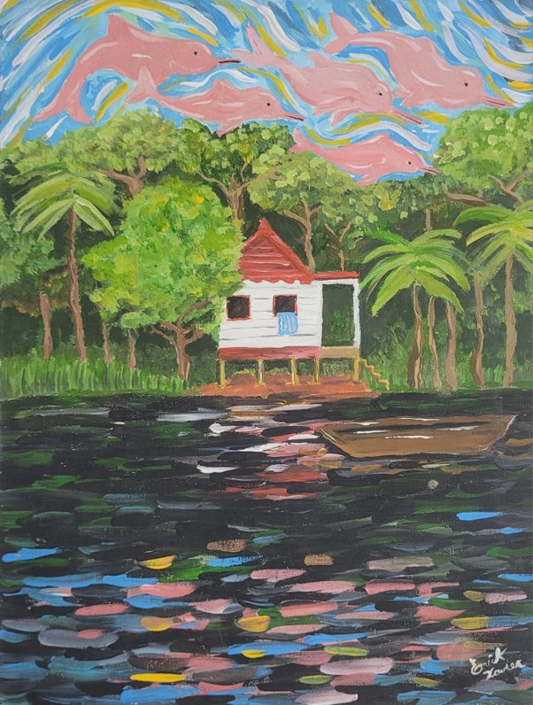 Memória de um sonho | 2024 | Acrílica e PVA sobre tela | 40 cm x 30 cm 

Obra inspirada no sítio de campo da família do artista, carregado de memória e nostalgia. Parte de um sonho em que botos voavam pelos céus, trazendo boas recordações. A pintura mescla o real e o onírico, celebrando a conexão afetiva com a terra e as memórias amazônicas.