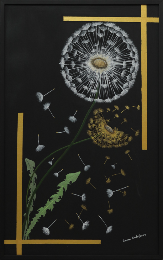 Memórias | 2024 | Acrílica sobre tela | 70 cm x 60 cm 

A obra resgata a pureza e a nostalgia da infância, trazendo à tona recordações de brincadeiras ao ar livre, onde a liberdade se manifesta no simples ato de correr contra o vento, segurando uma flor de dente-de-leão. É onde se dá a experimentação de um momento mágico, observando suas pétalas desprenderem-se e serem levadas pelo vento, como pequenos fragmentos de sonhos levados pela brisa. A obra convida o observador a reviver a infância e refletir sobre o valor das pequenas alegrias, transformando um gesto singelo em um símbolo de liberdade e imaginação.
