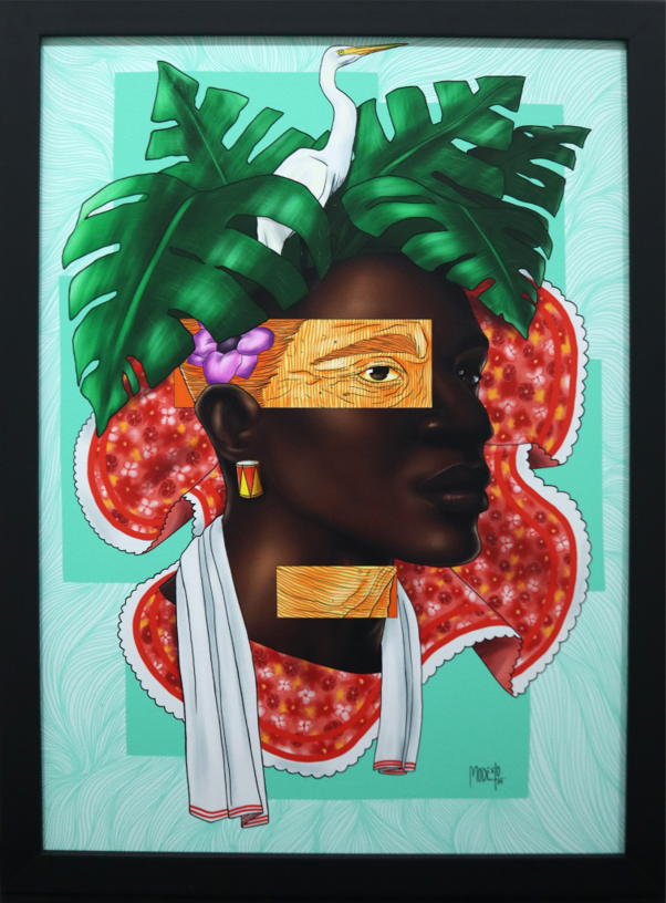 Negritude Marabaixo | 2025 | pintura digital | 29,7 cm x 42 cm

A obra destaca a ancestralidade cultural do Marabaixo e das tradições do povo negro amapaense, saberes transmitidos de geração em geração, de mães para filhos, e perpetuados na sociedade como símbolo vivo da história do Amapá.
A figura feminina em destaque carrega elementos visuais que remetem à força da mulher negra, e à memória coletiva. As folhas, o tecido vermelho, a ave e os recortes sobre o rosto sugerem camadas de identidade, tempo e ancestralidade, revelando que a tradição permanece no passado e se reinventa, resiste e continua viva nos corpos, nos gestos, nos cantos e nas celebrações do povo amapaense.