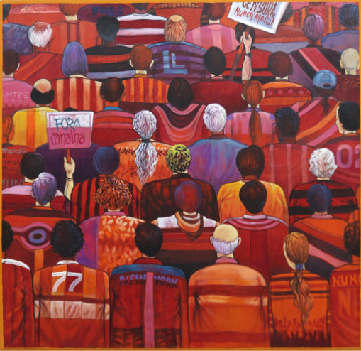 Protestantes Vermelhos | 2023 | Acrílico sobre tela | 74 cm x 74 cm 

A composição apresenta uma multidão vista de costas, reunida em ato coletivo, ocupando quase todo o espaço da imagem. Os corpos aproximados, as placas erguidas e a predominância dos tons vermelhos, laranjas e escuros criam uma atmosfera de tensão, urgência e resistência. A obra trata de protestos. Enfatiza o levante do povo contra as agressões ao meio ambiente, causadas pelo sistema predatório que coloca em iminente ameaça a nós, o planeta e tudo que nele habita.