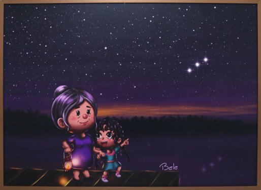 Três marias | 2024 | Pintura digital em canvas fine art | 71 cm x 100 cm
A constelação do Cinturão de Órion, popularmente conhecida como "Três Marias" , foi o primeiro nome de constelação aprendida na infância da artista, ensinada por sua mãe. Esta, por sua vez, aprendeu sobre as constelações com a avó. Ambas costumavam ver as estrelas na ponte, na beira do rio, quando a mãe e bisavó moravam no interior, em Anajás - PA. A obra "Três Marias" homenageia a memória matrilinear da vida da artista.